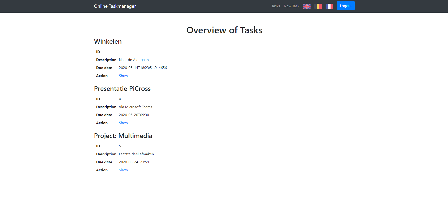 Startpagina van Online taskmanager